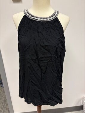 Daniel Rainn Black Halter Tank with Embroidered Neckline